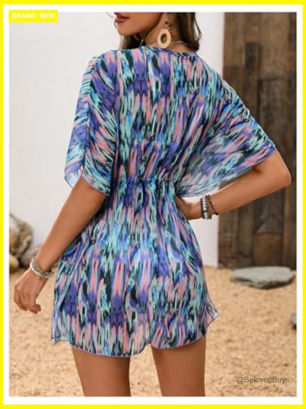 Tie Dye Sheer Chiffon Cover Up Beach Dress with Tie Waist Deep V Neck Dolman
